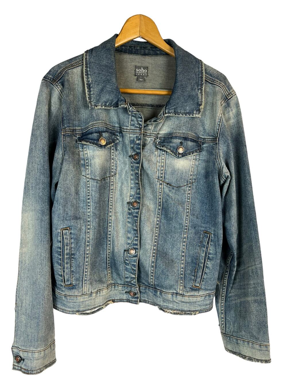 SOHO NY&CO Women’s Jean Jacket Denim Blue Cotton Casual Comfy L Large Distressed